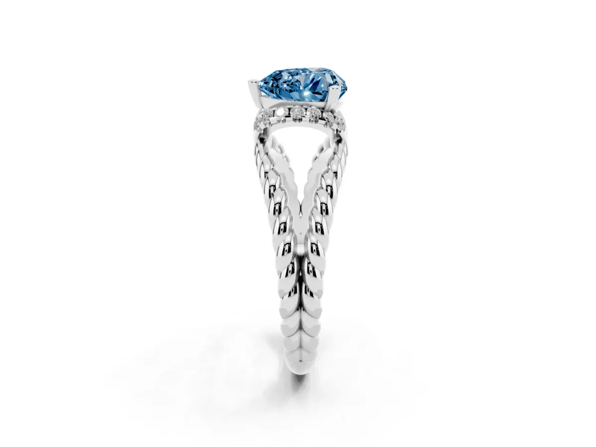 Fancy Blue Heart Cut Halo Twisted Band Four-Prong Ring Silver