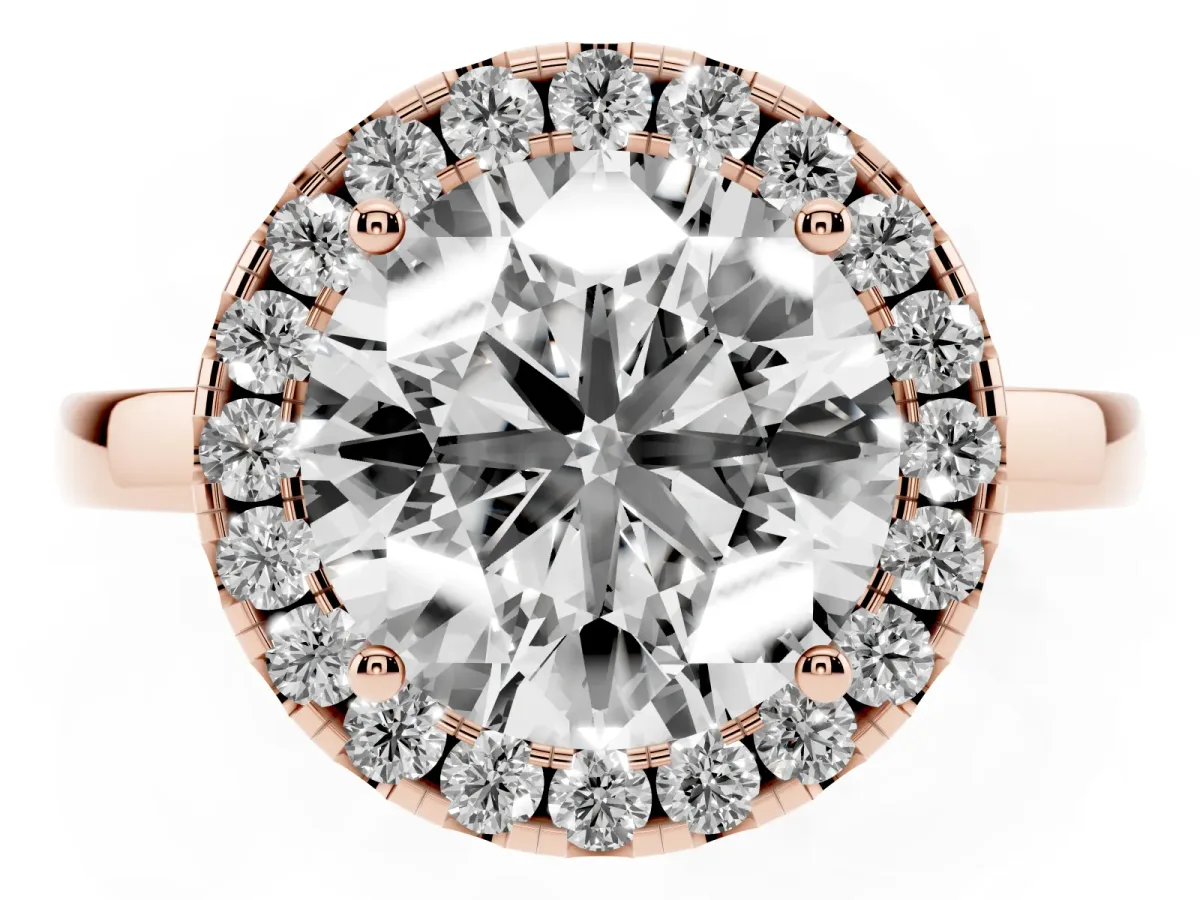Round Cut Halo Diamond Solitaire with Pavé Band and Four-Prong Setting Rose gold