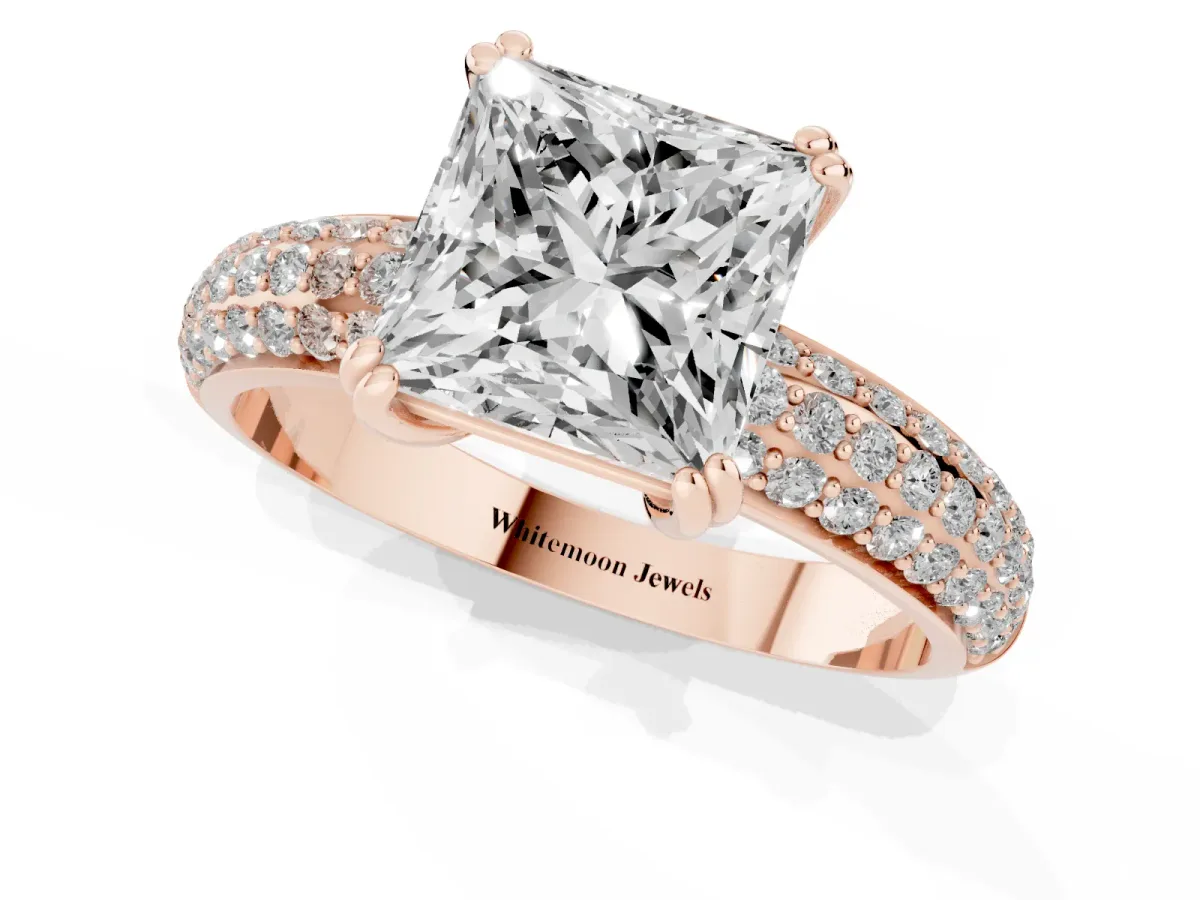 Princess Cut Diamond Solitaire Ring with Multi-Row Round Pavé Band and Prong Setting Rose gold