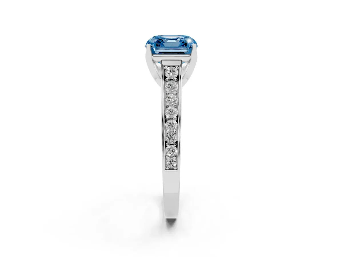 Fancy Blue Asscher Cut Brilliant Cut Diamond Engagement Ring with Pavé Band and Four-Prong Setting White gold
