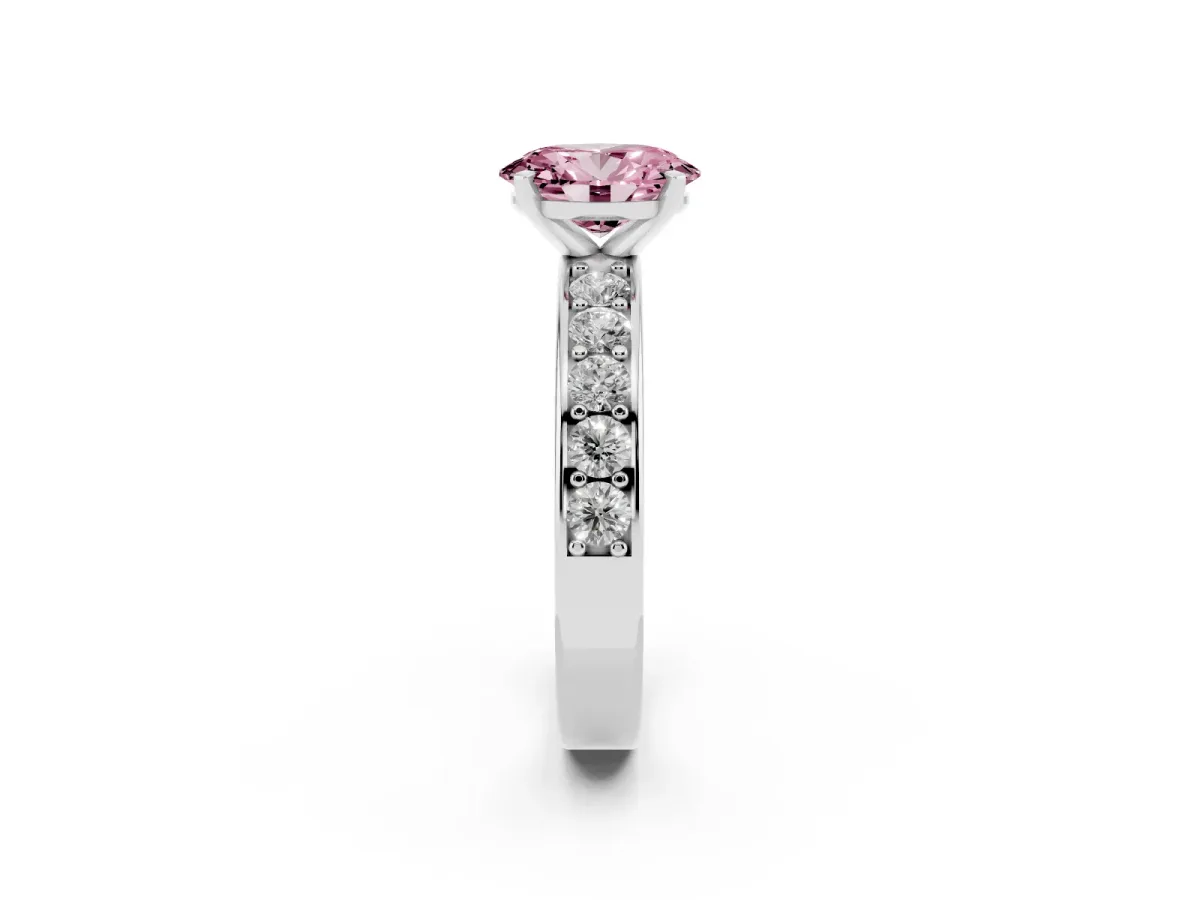 Fancy Pink Oval Cut Diamond Engagement Ring with Channel Set Round Band and Prong Setting Silver