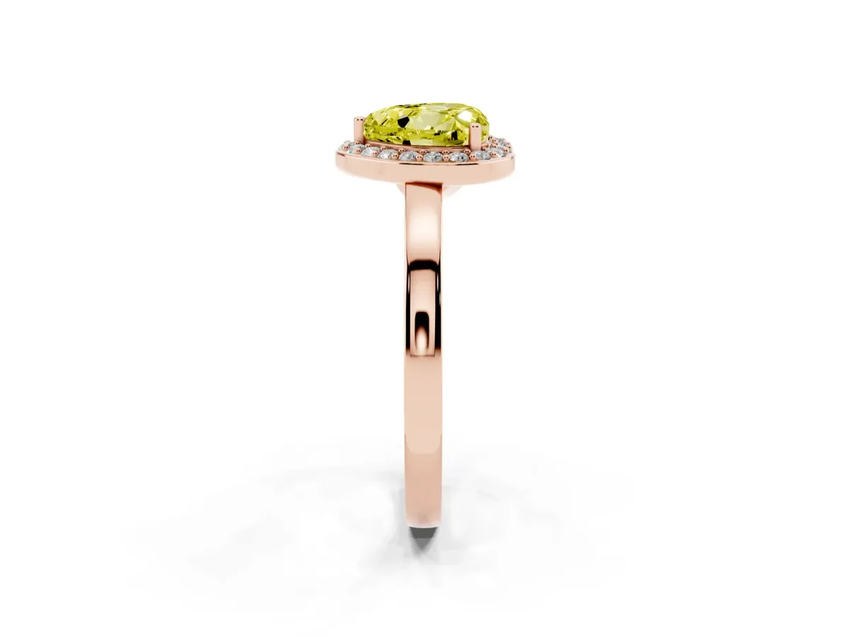 Fancy Yellow Heart Cut Halo Diamond Ring with Solitaire Band and Prong Setting Rose gold