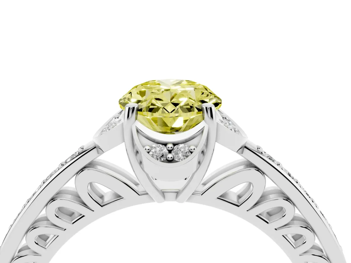 Fancy Yellow Oval Cut Cut Halo Diamond Ring with Channel Set Band and Four-Prong Setting Platinum