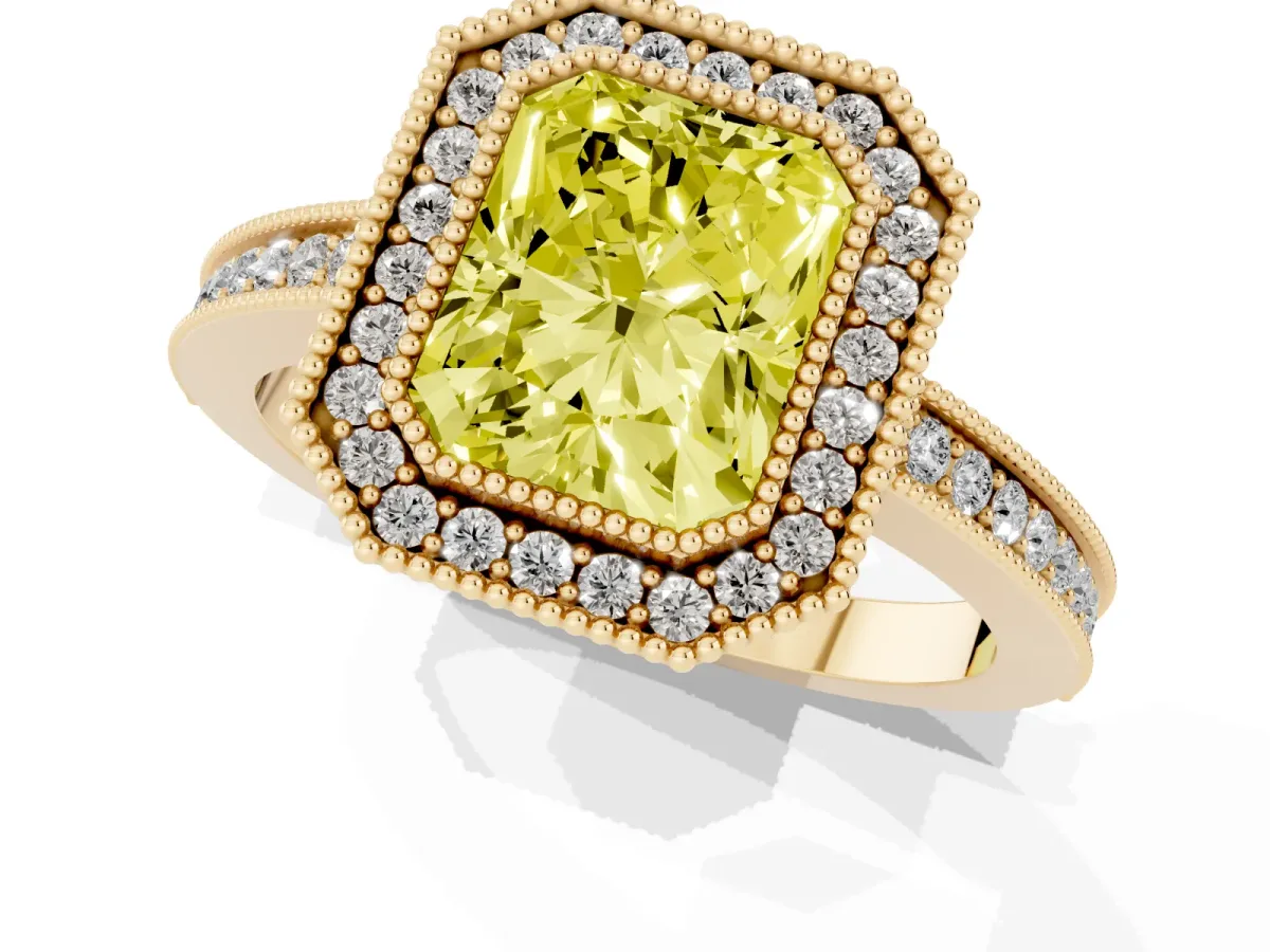 Fancy Yellow Radiant Cut Cut Halo Diamond Ring with Pavé Band and Milgrain Prong Setting Yellow gold