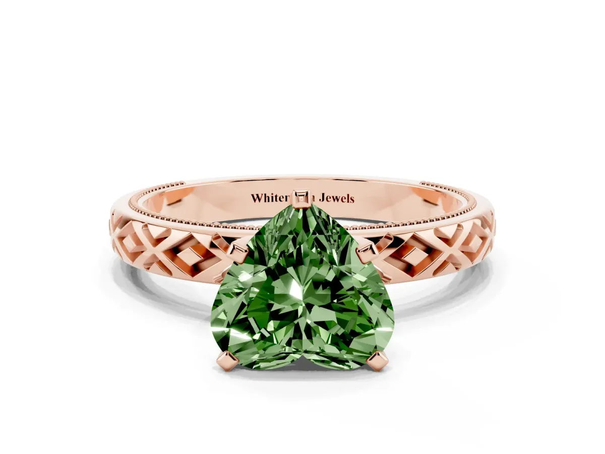 Fancy Green Heart Cut Solitaire Diamond Ring with Milgrain and Black Enamel X Pattern Band Rose gold