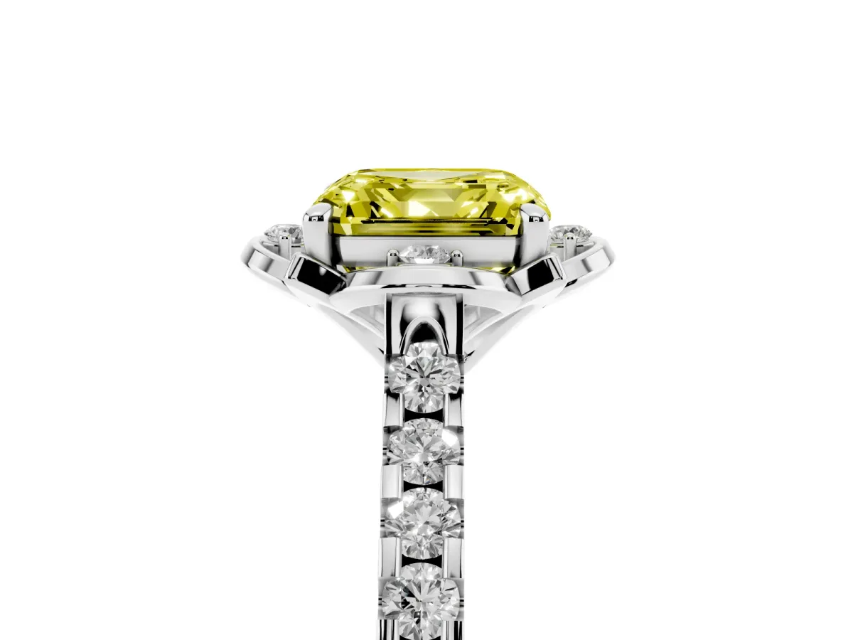 Fancy Yellow Asscher Cut Diamond Ring with Pavé Band and Floral Prong Setting Silver
