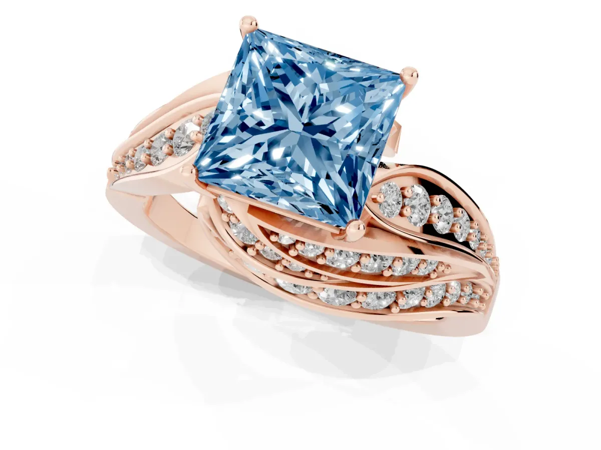 Fancy Blue Princess Cut Diamond Solitaire Ring with Prong Setting and Twisted Pavé Band Rose gold