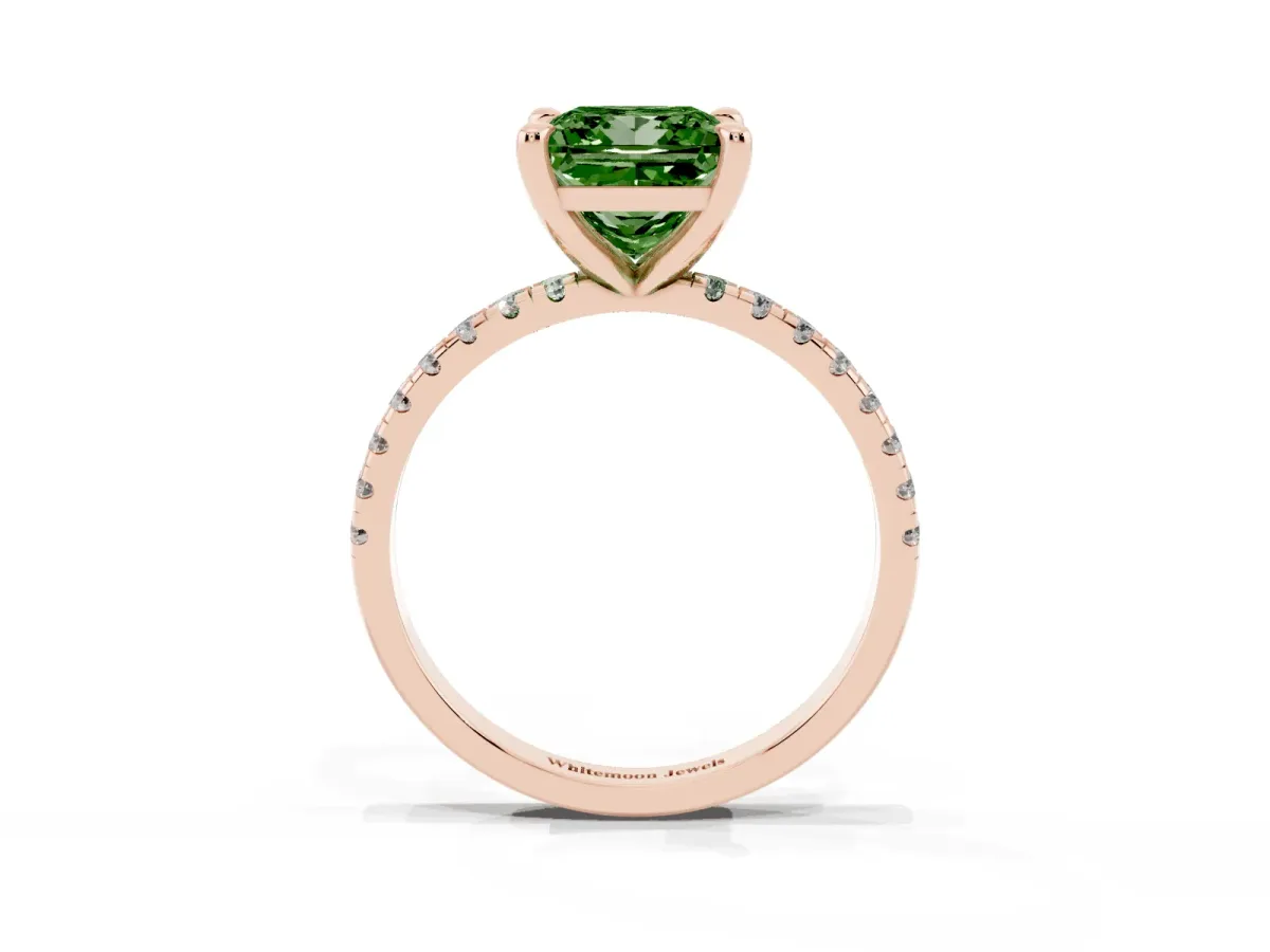 Fancy Green Princess Cut Diamond Brilliant Solitaire Ring with Pavé Band and Four-Prong Setting Rose gold