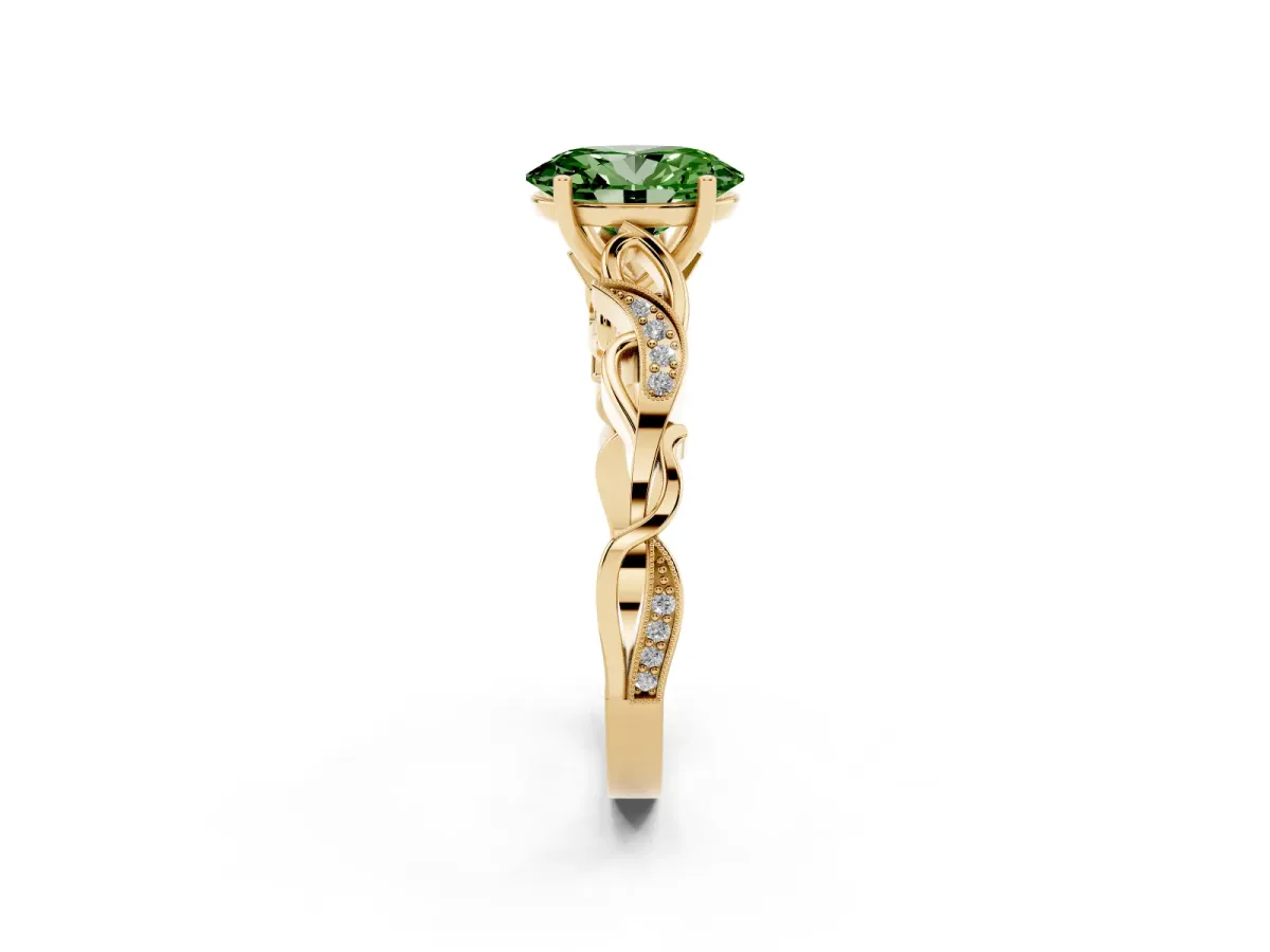 Fancy Green Oval Cut Solitaire Vine Band with Milgrain Prong Setting Yellow gold