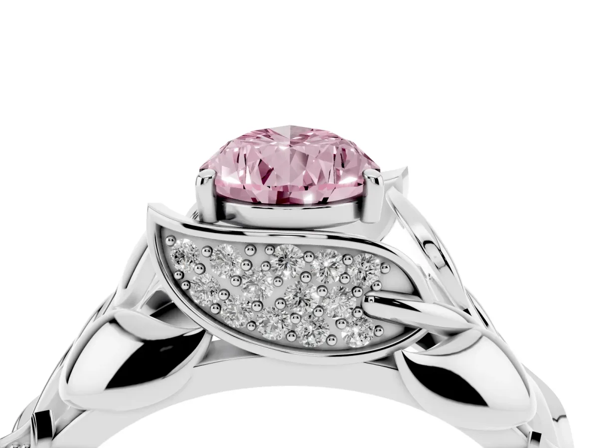 Fancy Pink Pear Cut Diamond Leaf-Inspired Engagement Ring with Round Accents and Prong Setting Platinum