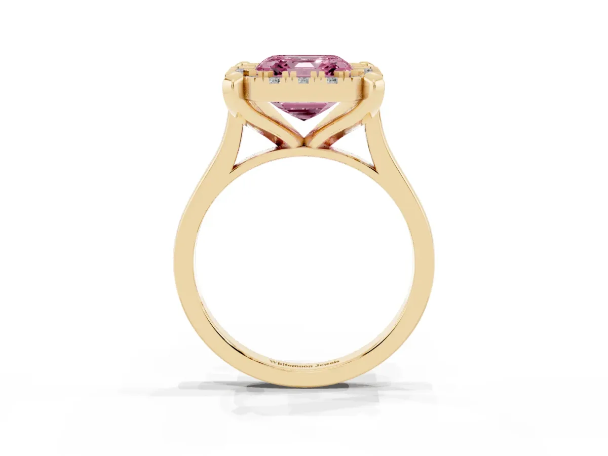 Fancy Pink Asscher Cut Diamond Cluster Halo Solitaire with Four-Prong Setting Yellow gold