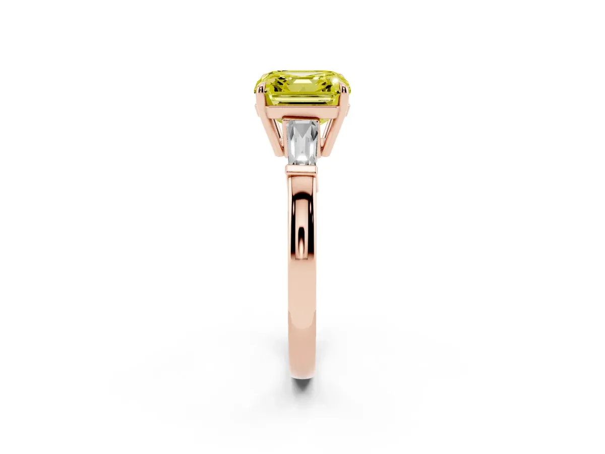 Fancy Yellow Asscher Cut Diamond Three-Stone Ring with Tapered Baguette Side Stones and Prong Setting Rose gold