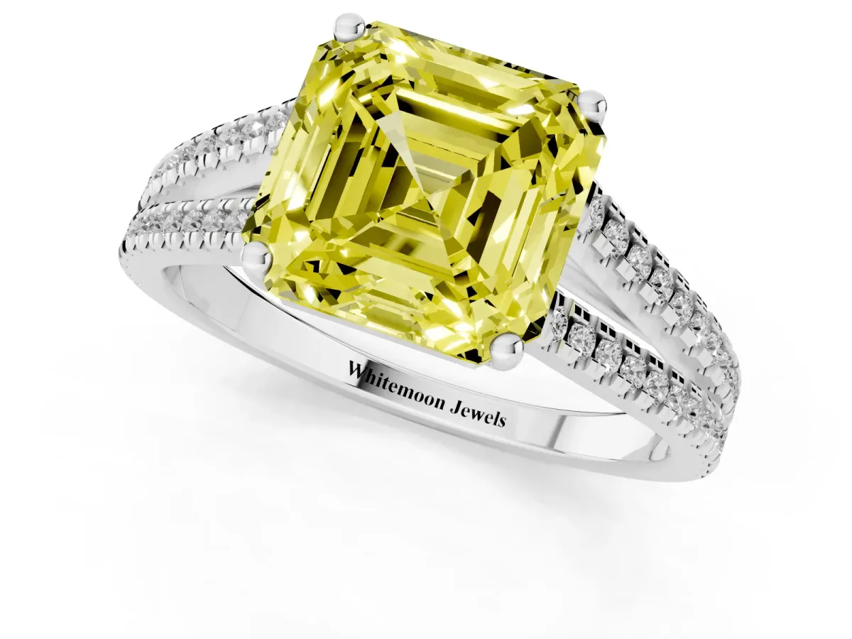 Fancy Yellow Asscher Cut Diamond Solitaire Engagement Ring with Split Shank Pavé Band Silver