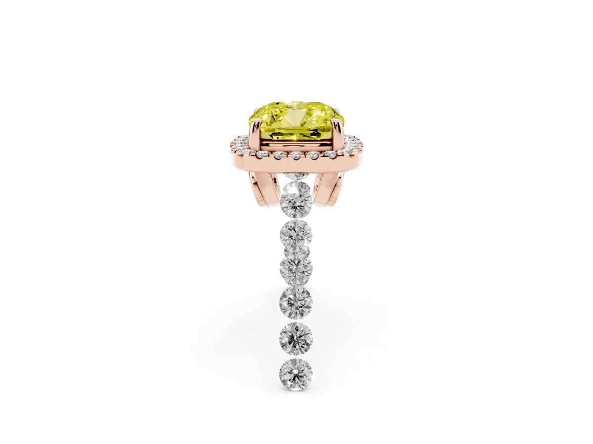 Fancy Yellow Cushion Cut Halo Pavé Diamond Engagement Ring with Four-Prong Setting Rose gold