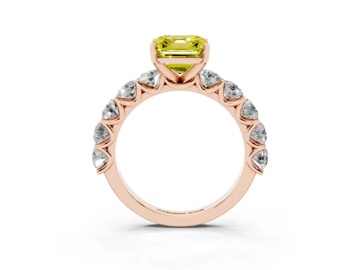 Fancy Yellow Asscher Cut Diamond Prong Setting with Side Stones on a Pave Band Rose gold