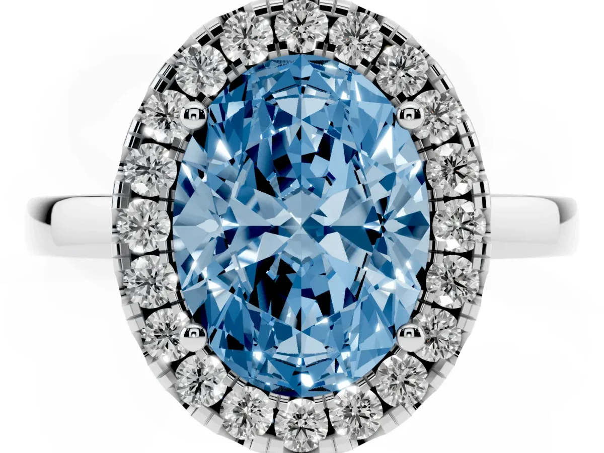 Fancy Blue Oval Cut Halo Diamond Solitaire with Pavé Band and Four-Prong Setting White gold