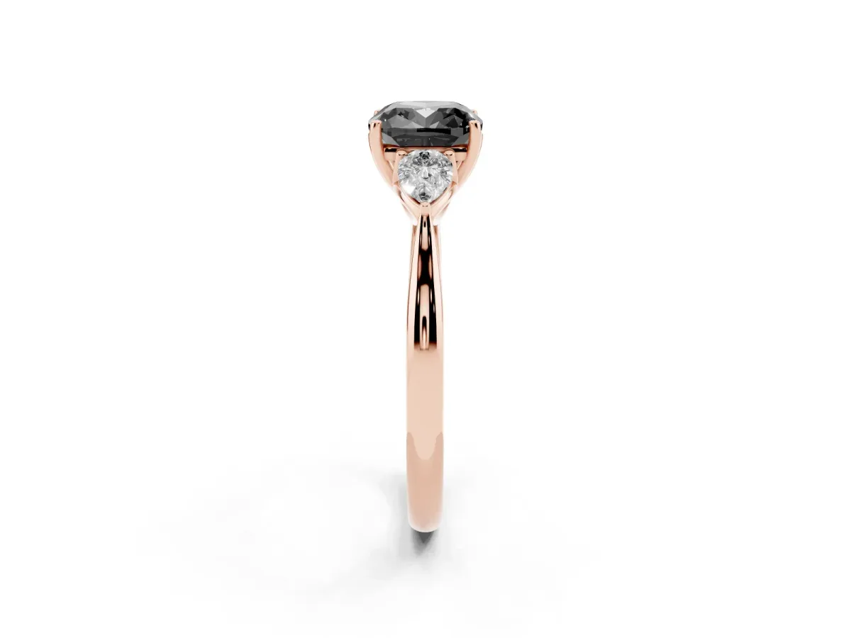 Fancy Black Three-Stone Cushion Cut Brilliant Diamond Solitaire Ring with Tapered Band and Four-Prong Setting Rose gold