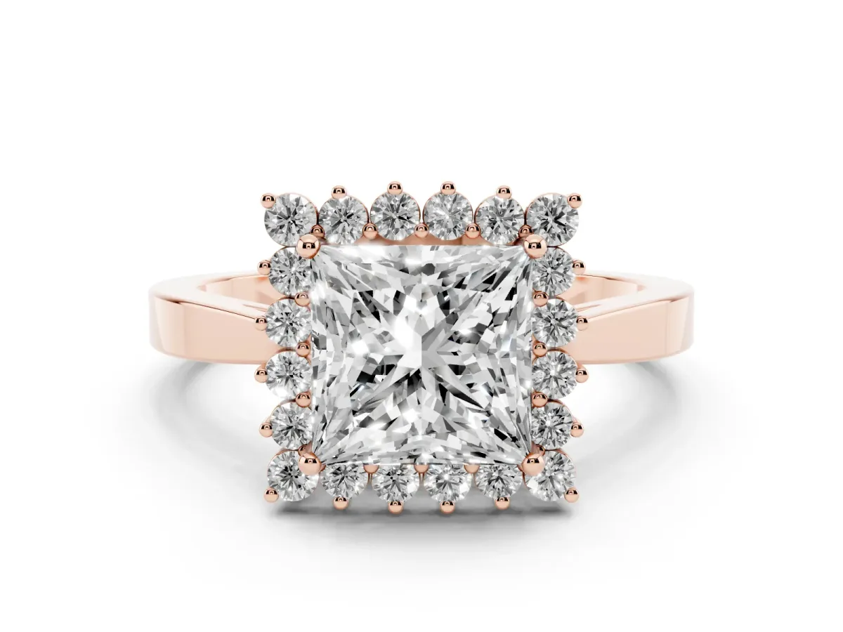 Princess Cut Cut Diamond Halo Ring with Round Brilliant Halo and Solitaire Band Rose gold