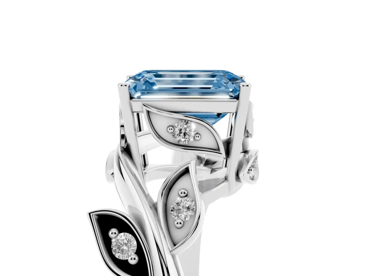 Fancy Blue Emerald Cut Solitaire Twist Engagement Ring with Leaf Accents and Prong Setting Silver