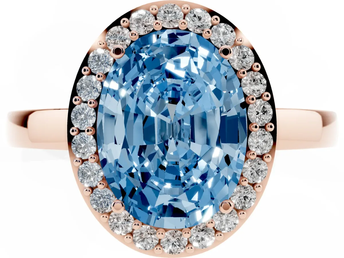 Fancy Blue Oval Cut Halo Diamond Ring with Solitaire Band and Prong Setting Rose gold