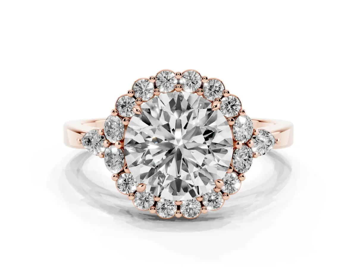 Round Cut Diamond Halo Ring with Pear Side Stones and Prong Setting Rose gold