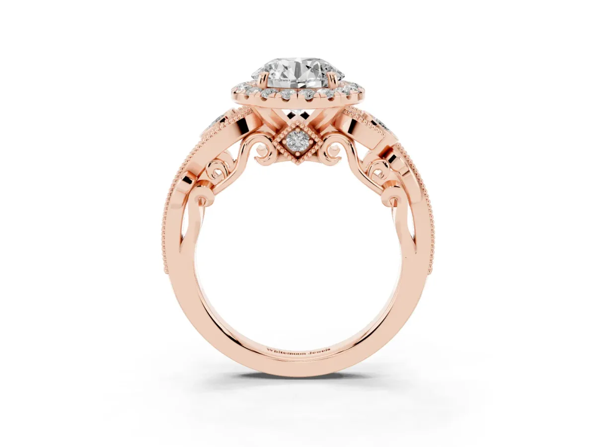 Round Cut Diamond Halo Ring with Milgrain Pavé Band and Four-Prong Setting Rose gold