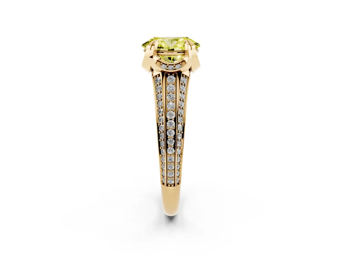 Fancy Yellow Oval Cut Solitaire Pave Split Shank Ring with Four-Prong Setting Yellow gold