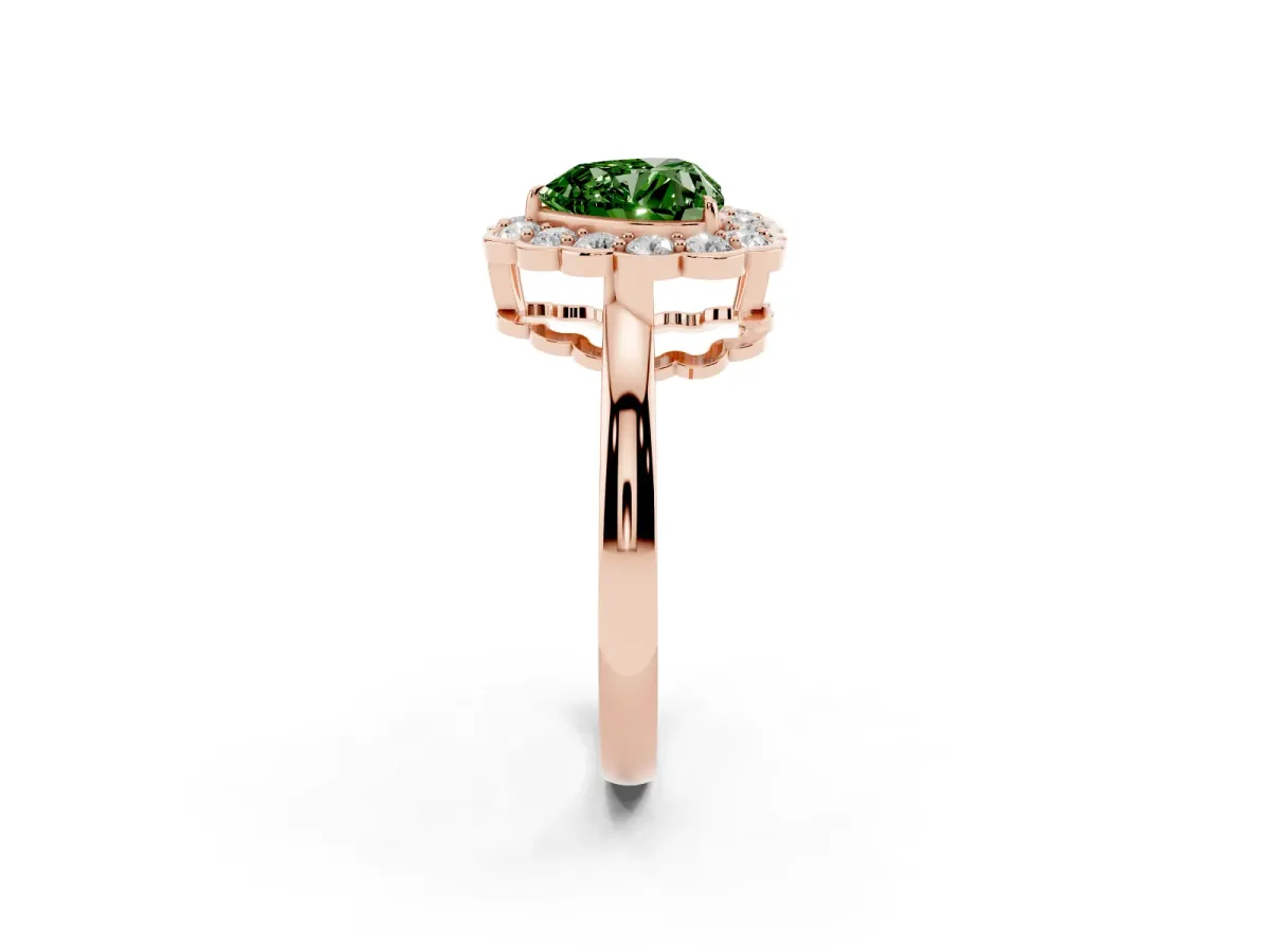 Fancy Green Heart Cut Halo Cluster Diamond Engagement Ring with Solitaire Band and Prong Setting Rose gold