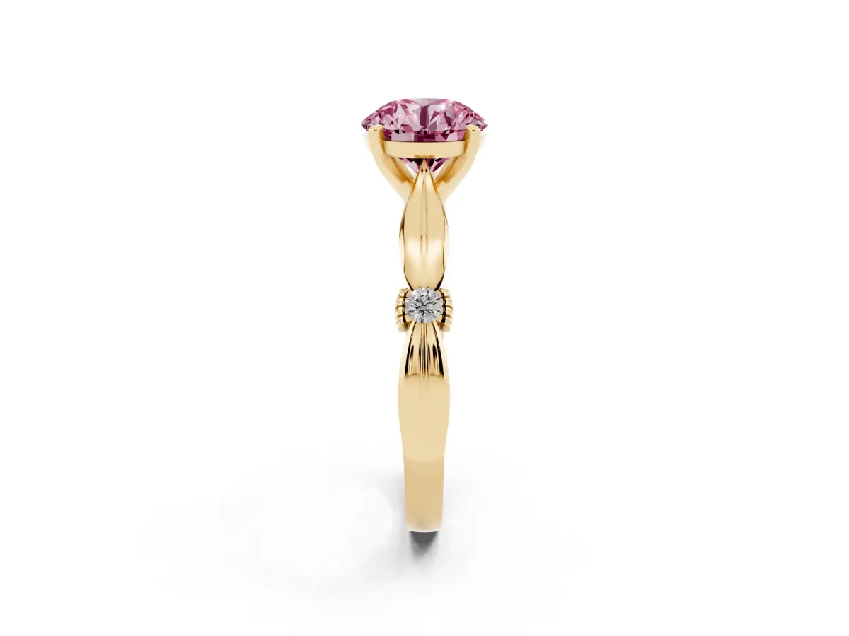 Fancy Pink Round Cut Solitaire Diamond Twisted Band with Four-Prong Setting Yellow gold