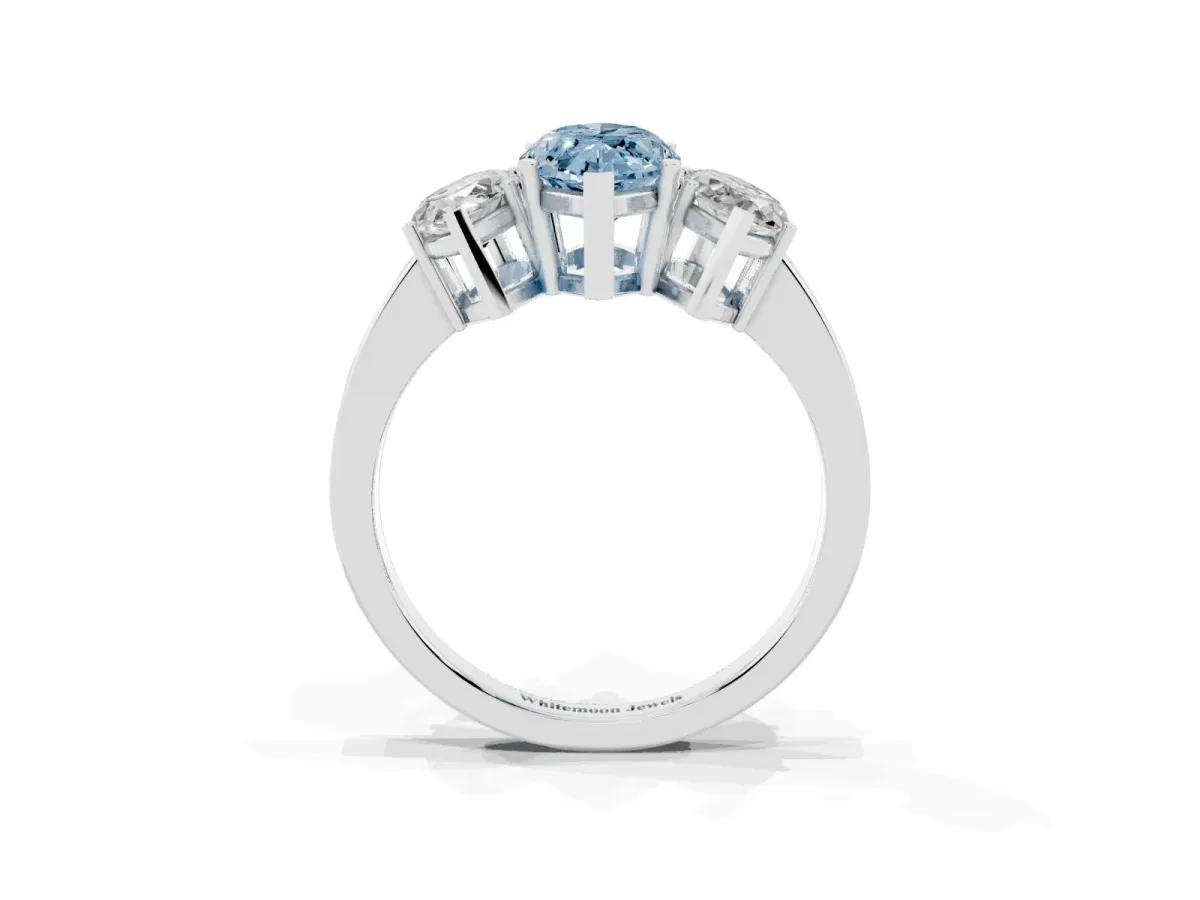 Fancy Blue Three-Stone Marquise Cut Cut Diamond Engagement Ring with Flat Band and Four-Prong Setting Silver