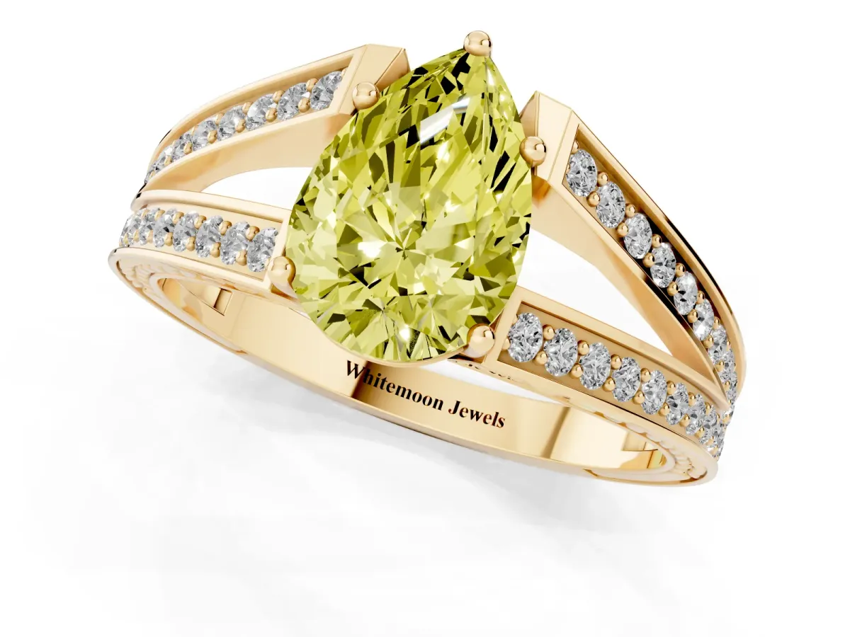 Fancy Yellow Pear Cut Diamond Split Shank Ring with Pavé Band and Four-Prong Setting Yellow gold