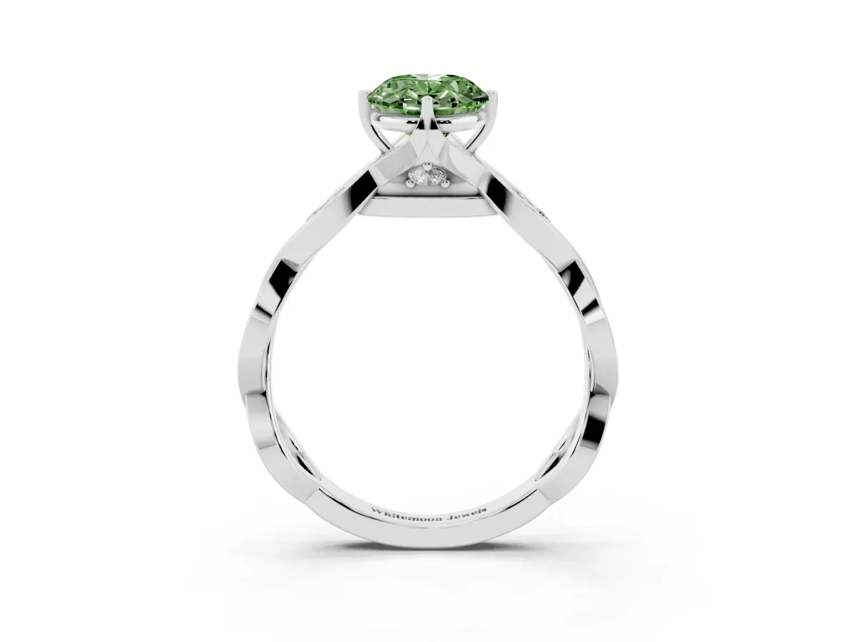 Fancy Green Oval Cut Solitaire Twist Band with Leaf Prong Setting Platinum