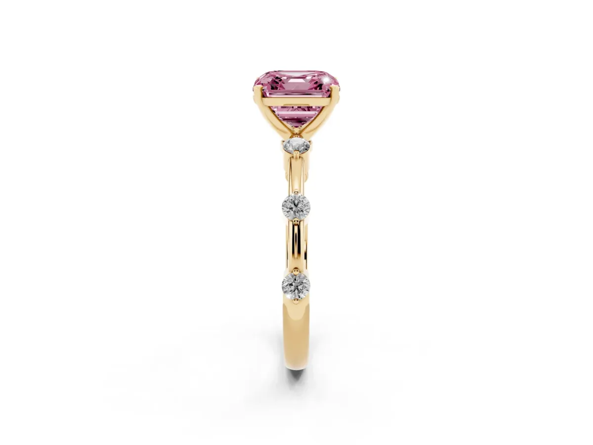 Fancy Pink Asscher Cut Solitaire Diamond Ring with Bezel Set Side Stones and Prong Setting Yellow gold