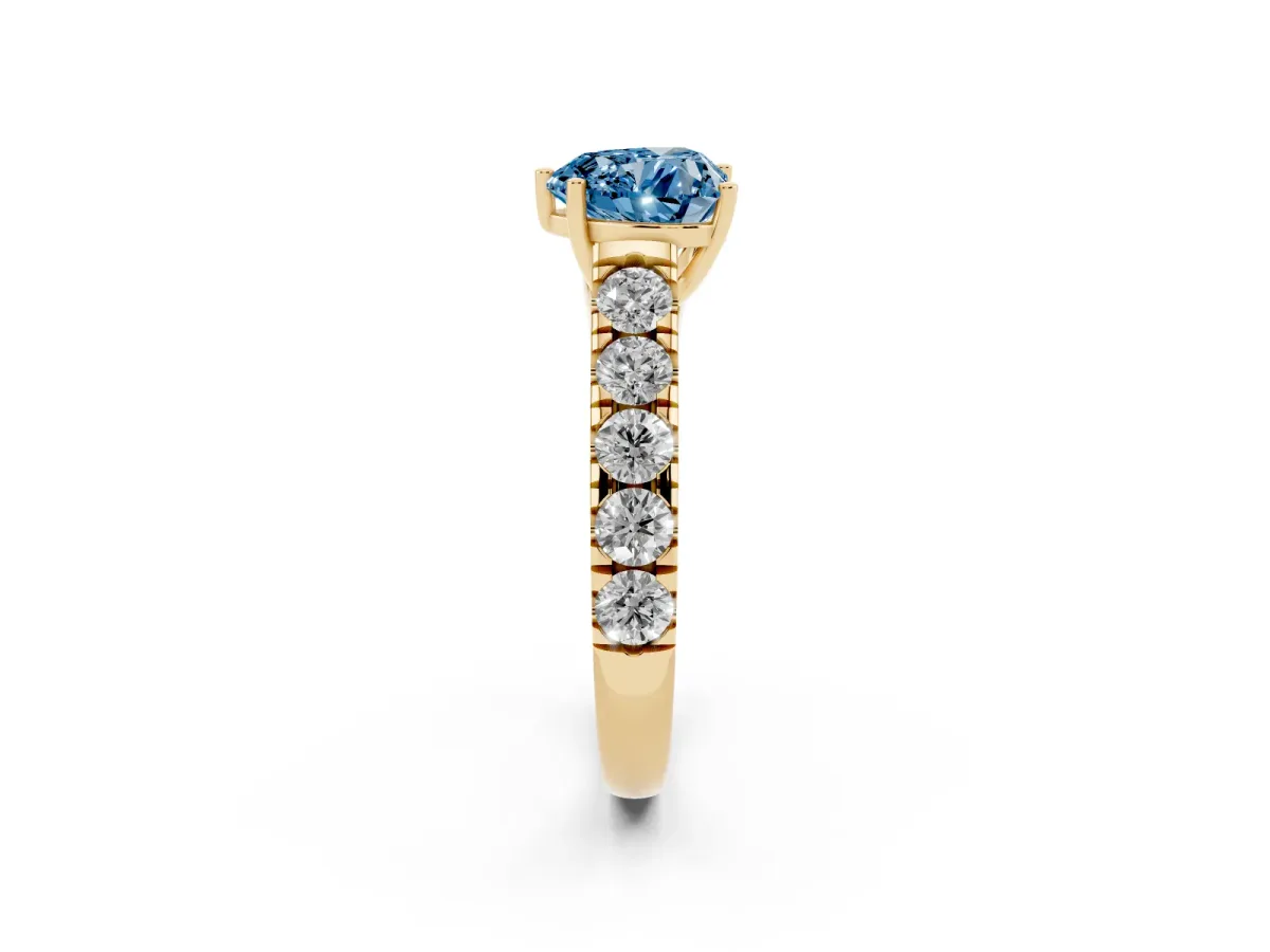 Fancy Blue Heart Cut Cut Diamond Solitaire Ring with Micro Pave Band and Prong Setting Yellow gold