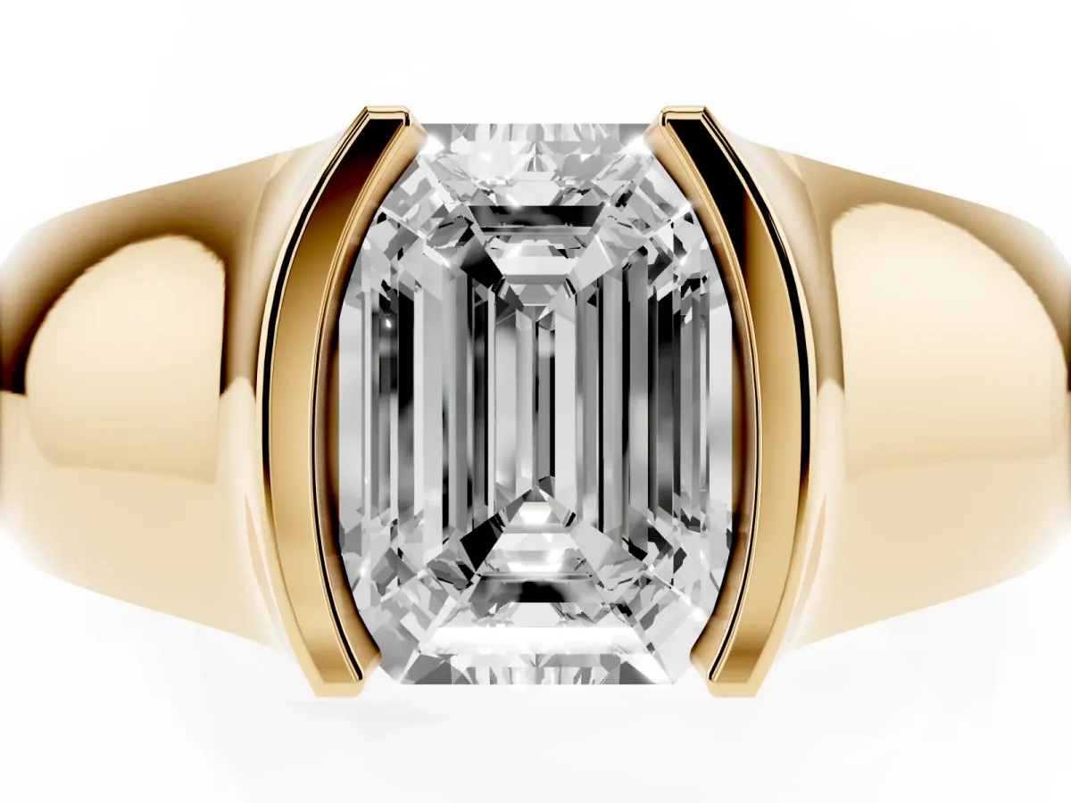 Emerald Cut Solitaire Bezel Set Diamond Ring with Wide Band Yellow gold