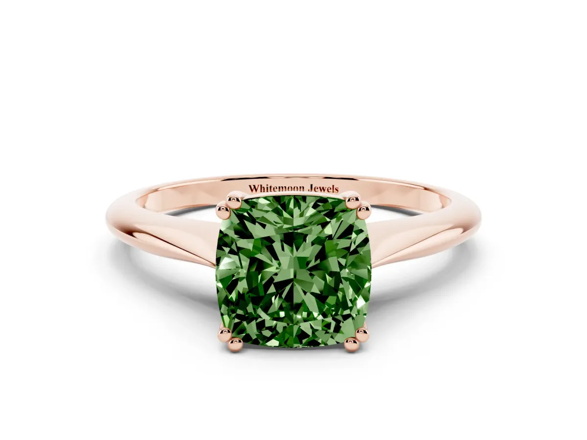 Fancy Green Cushion Cut Solitaire Diamond Ring with Six-Prong Setting and Classic Band Rose gold