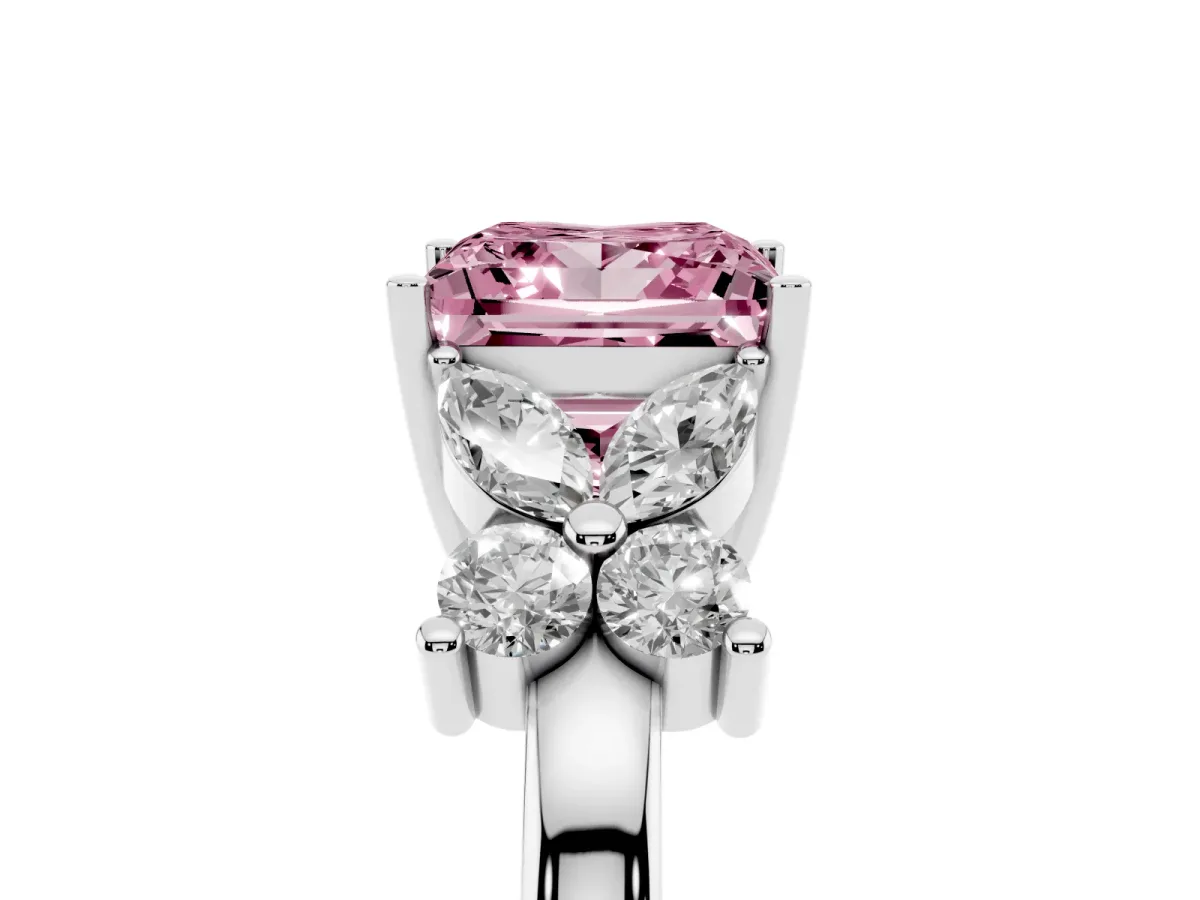 Fancy Pink Princess Cut Diamond Floral Cluster Ring with Solitaire Band and Prong Setting Platinum