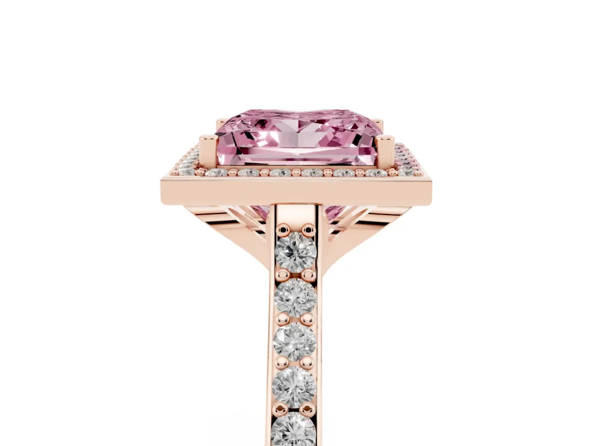 Fancy Pink Princess Cut Diamond Halo Engagement Ring with Round Pavé Shoulders and Prong Setting Rose gold