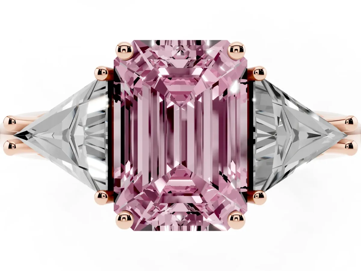 Fancy Pink Three-Stone Emerald Cut Diamond Engagement Ring with Trillion Side Stones and Prong Setting Rose gold