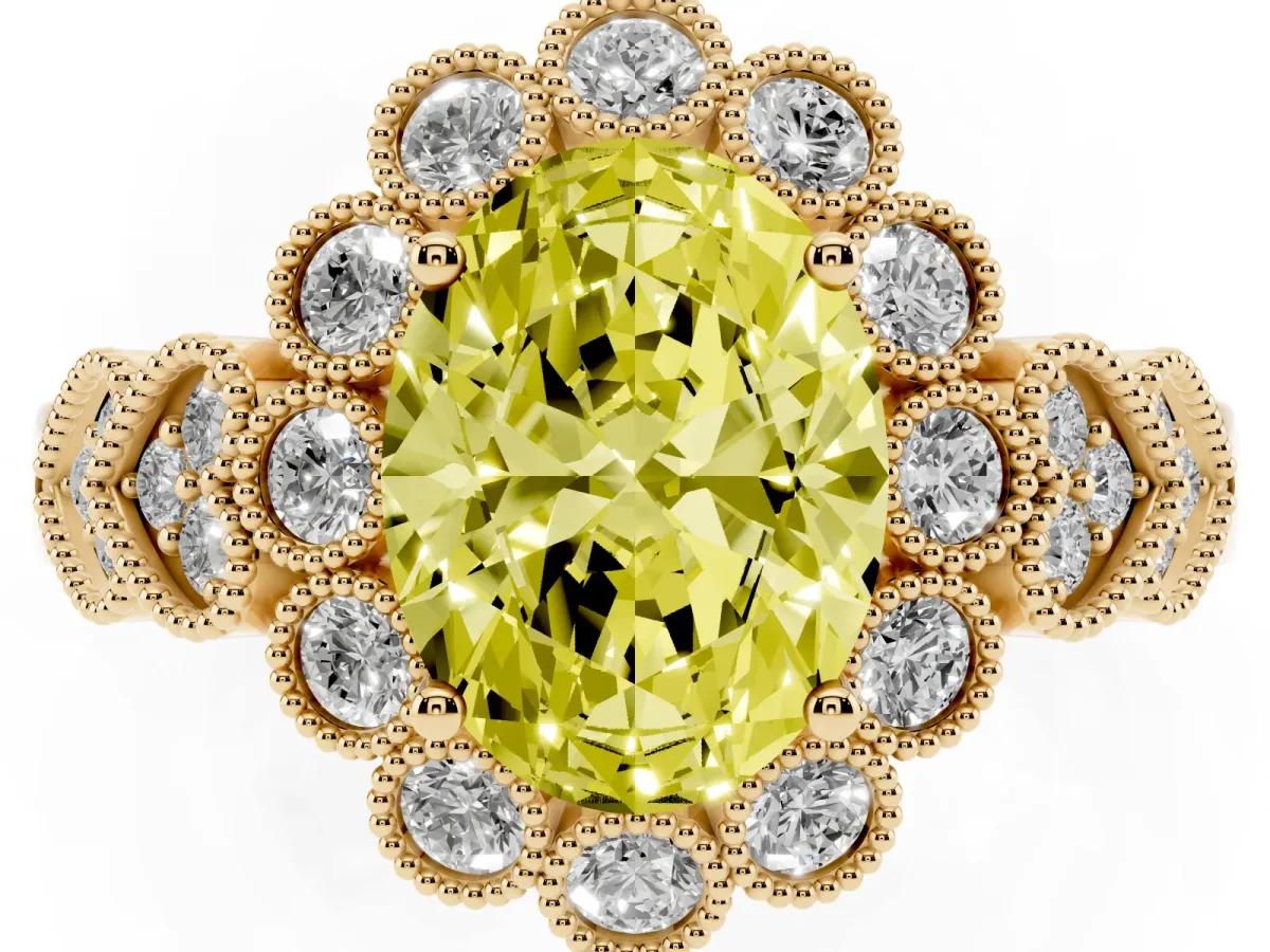 Fancy Yellow Oval Cut Brilliant Milgrain Pave Heart Band Solitaire Ring Yellow gold