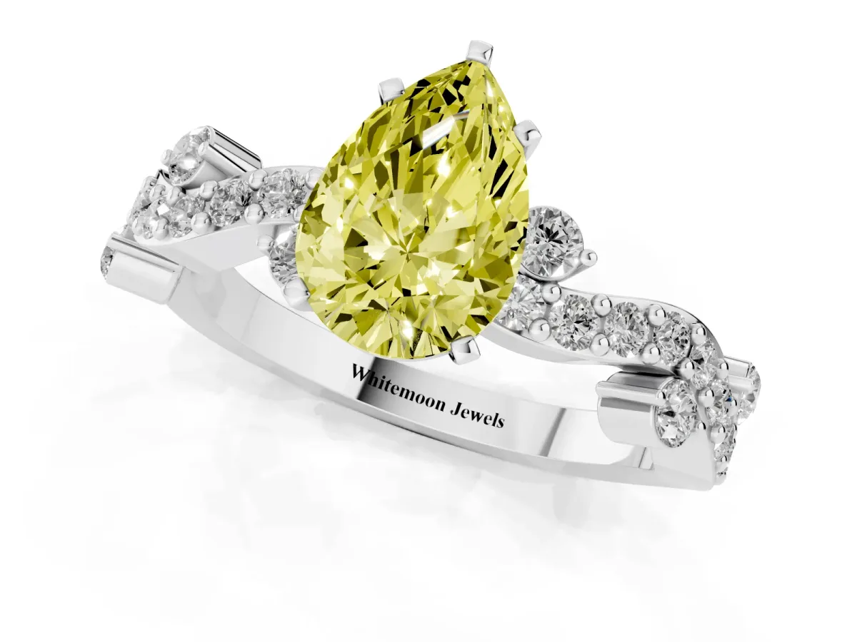 Fancy Yellow Pear Cut Cut Solitaire Diamond Twisted Band with Pave Setting White gold