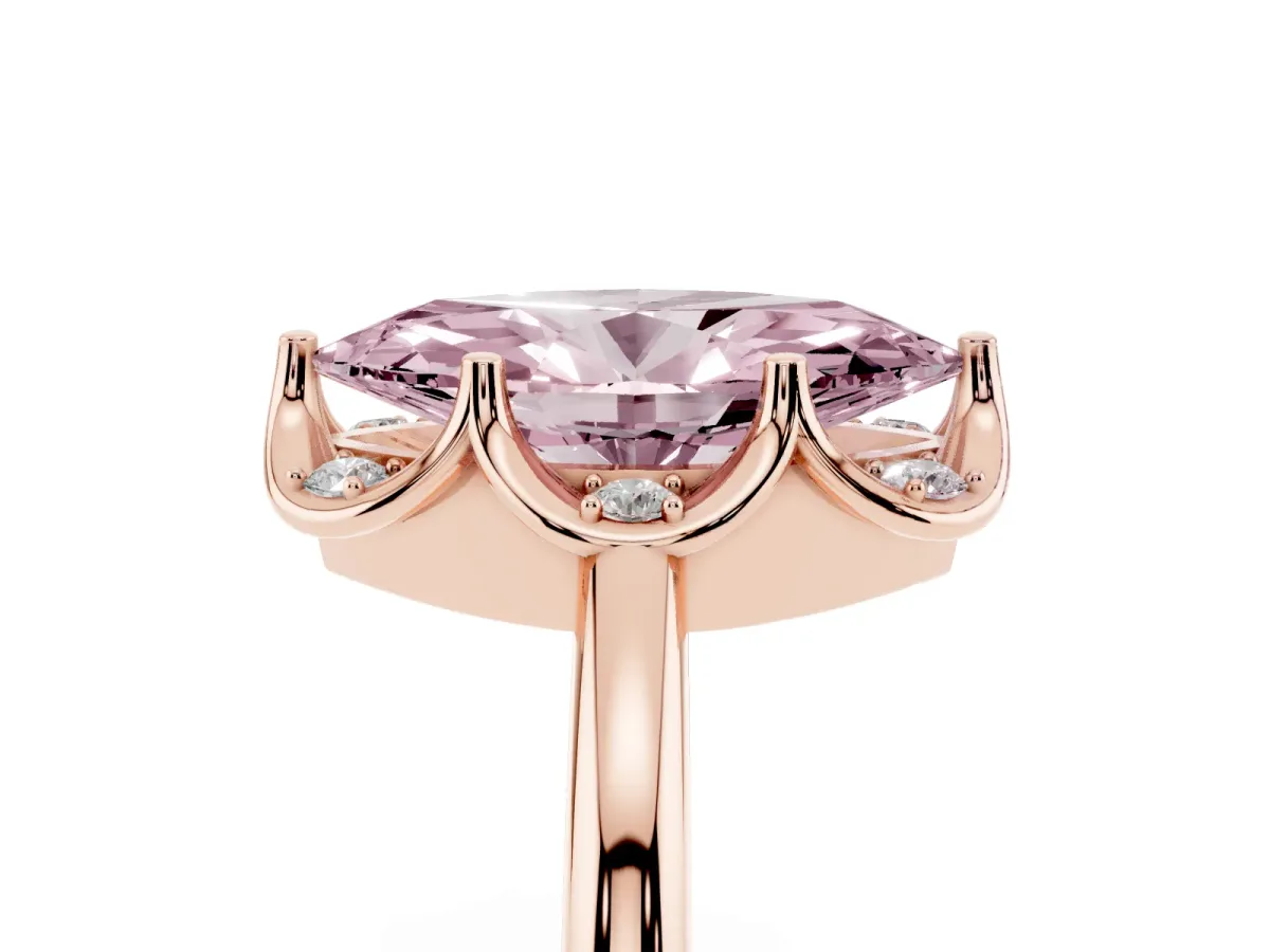 Fancy Pink Marquise Cut Halo Diamond Ring with Round Cluster Setting, Solitaire Band, and Four-Prong Setting Rose gold