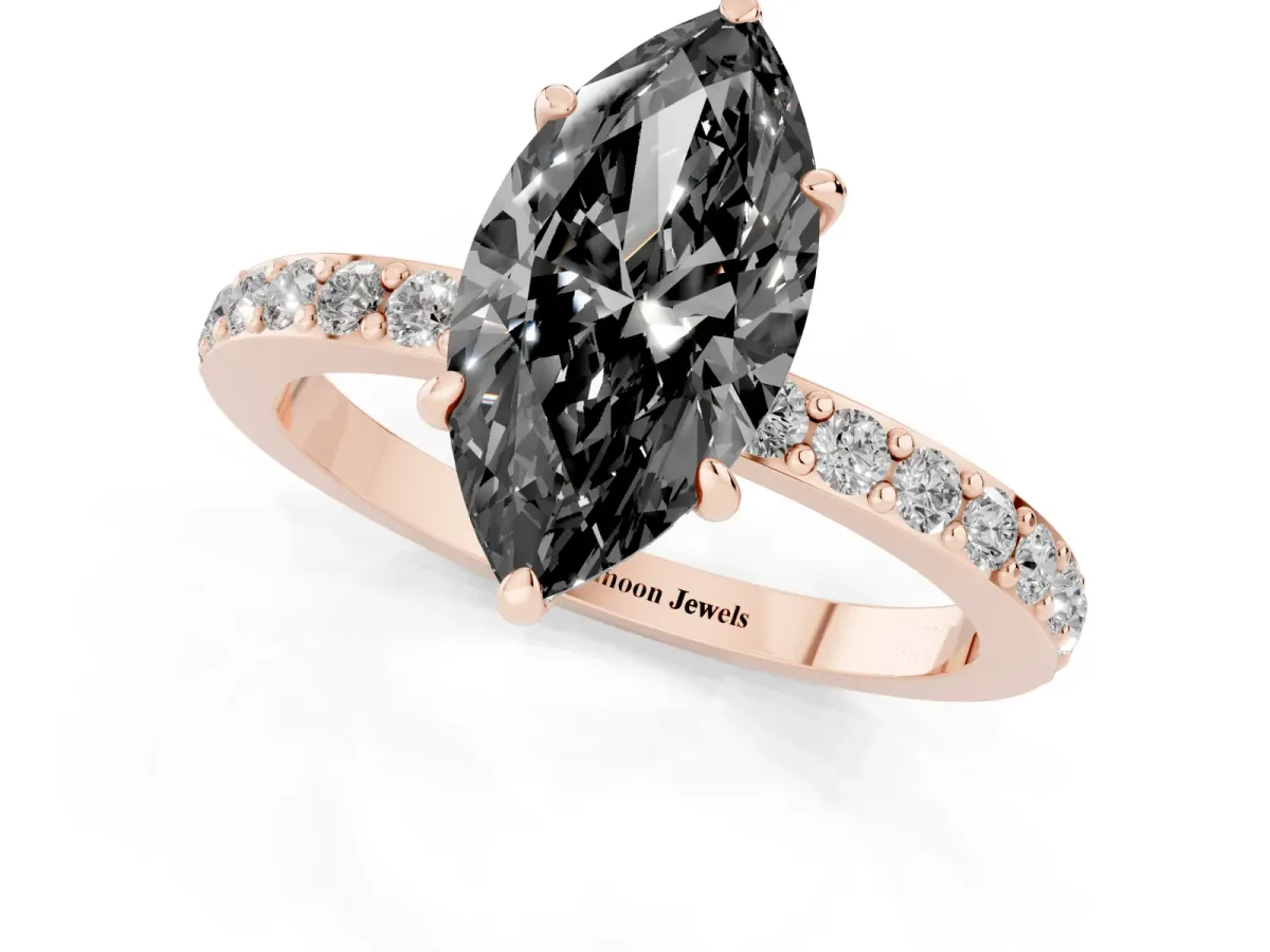 Fancy Black Marquise Cut Diamond Pavé Engagement Ring with Round Accents and Prong Setting Rose gold