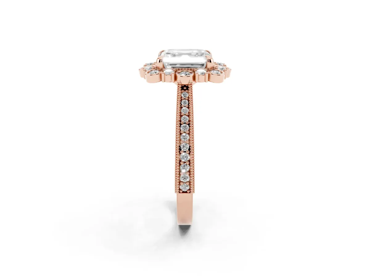 Asscher Cut Halo Milgrain Pave Diamond Ring with Four-Prong Setting Rose gold