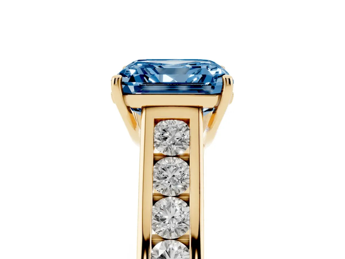Fancy Blue Asscher Cut Solitaire Channel-Set Diamond Engagement Ring with Four-Prong Setting Yellow gold