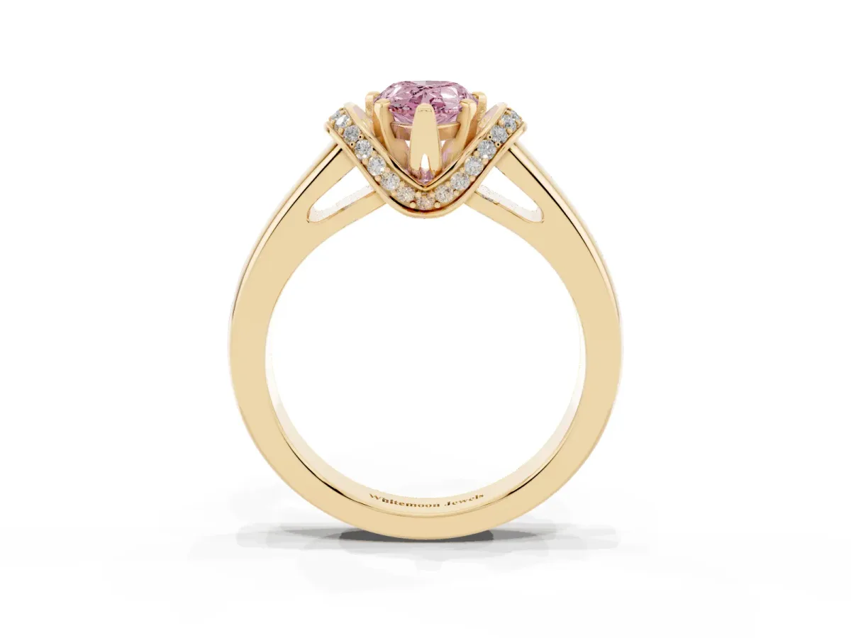 Fancy Pink Pear Cut Solitaire Diamond Ring with Pave Band and Six-Prong Setting Yellow gold