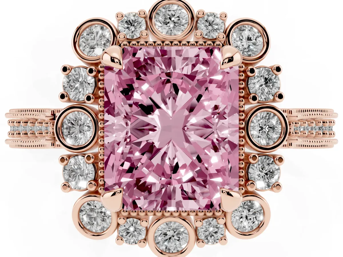 Fancy Pink Radiant Cut Halo Milgrain Pave Diamond Ring with Four-Prong Setting Rose gold
