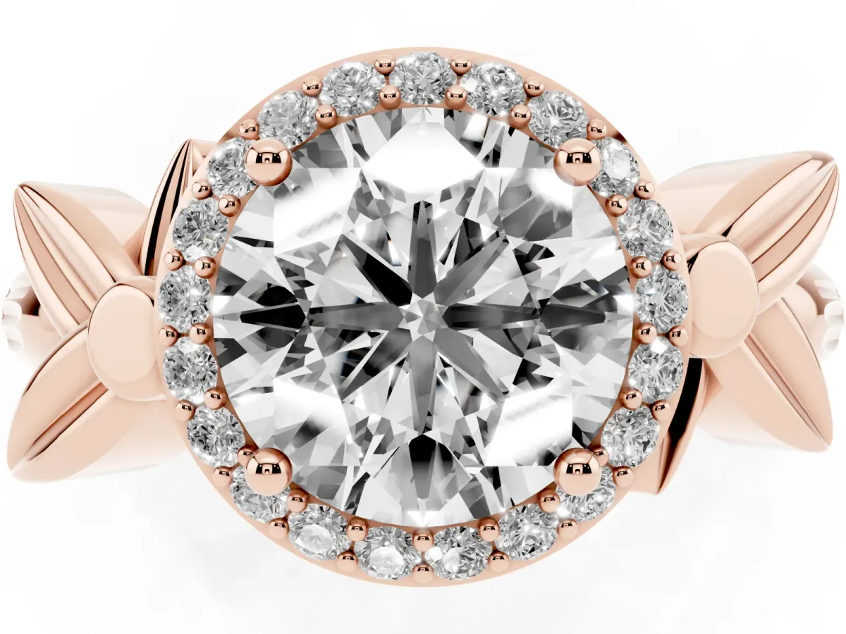 Round Cut Halo Diamond Floral Band with Four-Prong Setting Rose gold