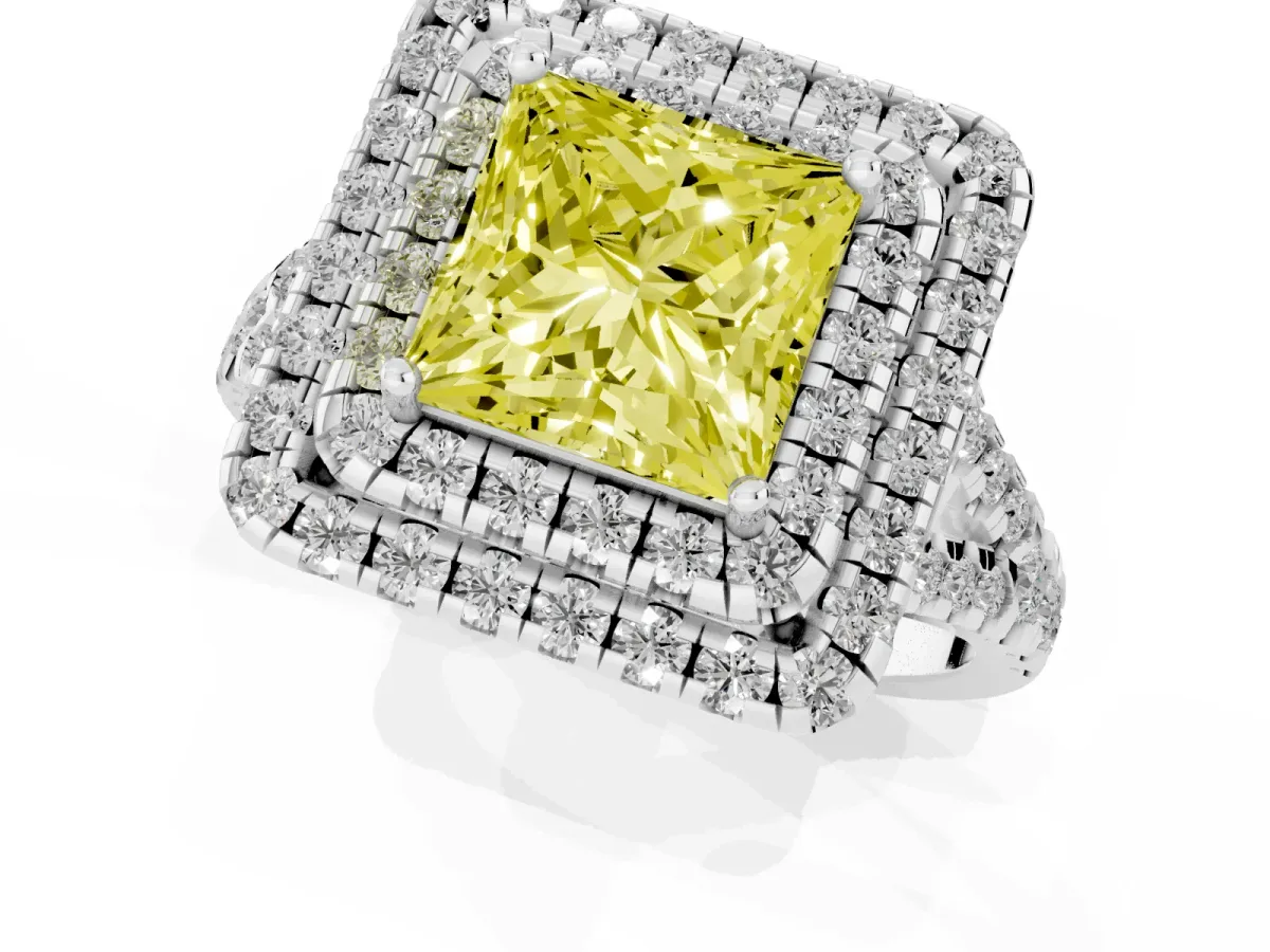 Fancy Yellow Double Halo Princess Cut Diamond Pavé Split Shank Ring with Prong Setting Silver