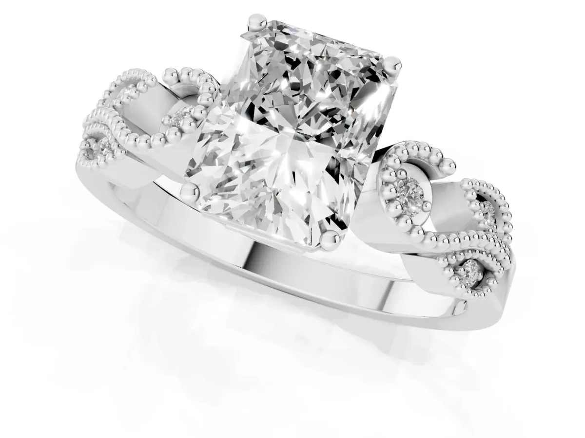 Radiant Cut Solitaire Milgrain Leaf Band with Prong Setting White gold